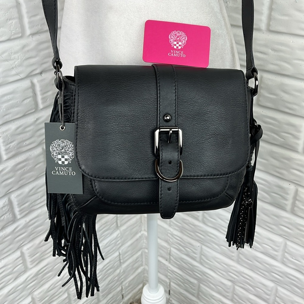 VINCE CAMUTO GENUINE LEATHER SADDLEBAG CROSSBODY FRINGE BLACK NOIR NWT